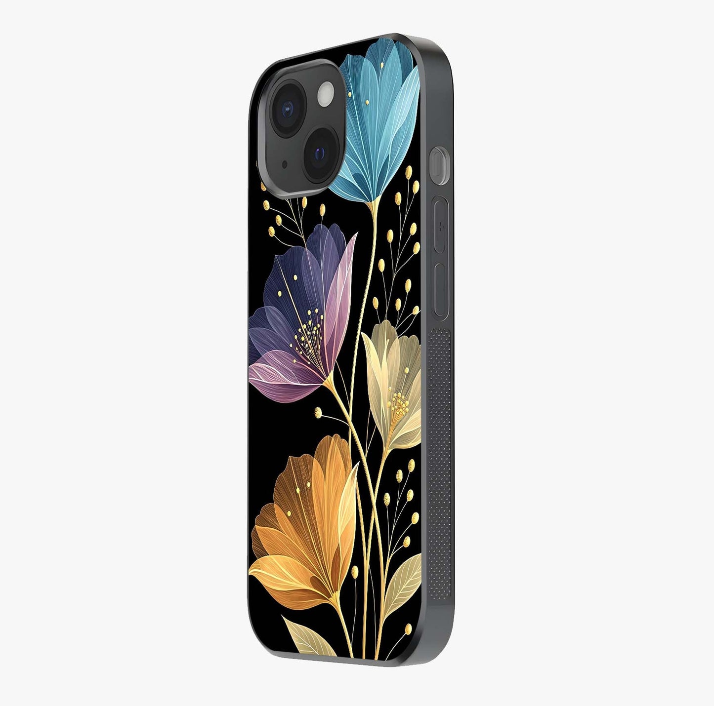 Delicate Multicolor Flowers Glass Case photographed in natural light showing reflective finish and design depth.