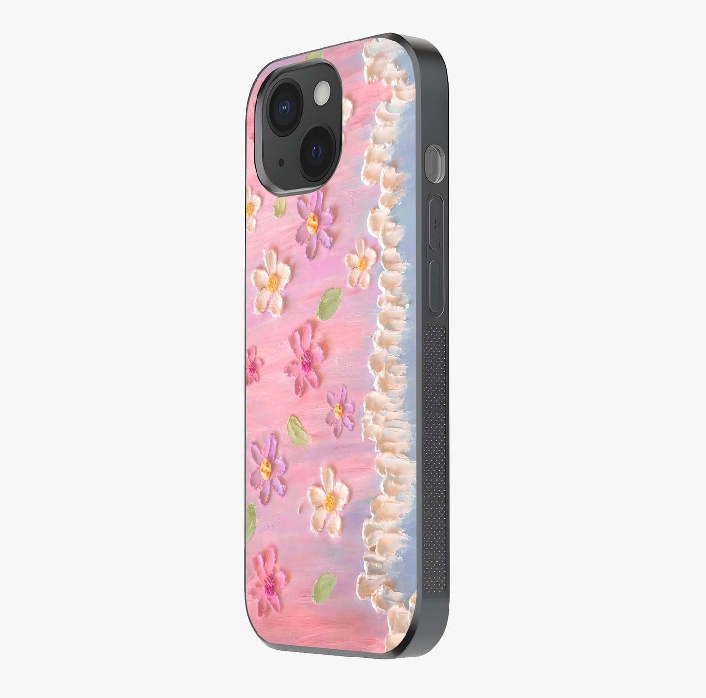 Dreamy Painted Garden Glass Case photographed in natural light showing reflective finish and design depth.