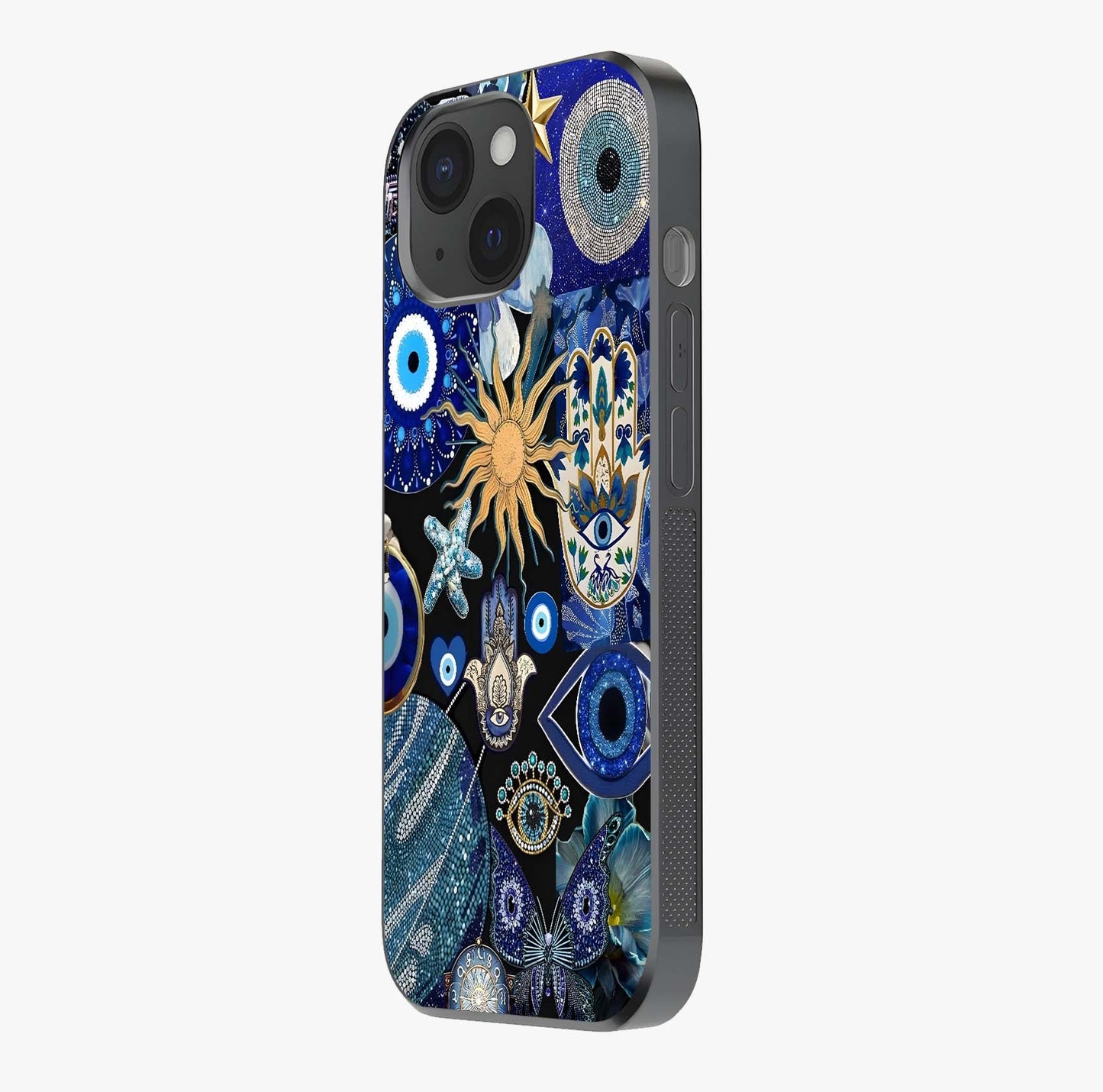 Evil Eye Charm Mix Glass Case photographed in natural light showing reflective finish and design depth.