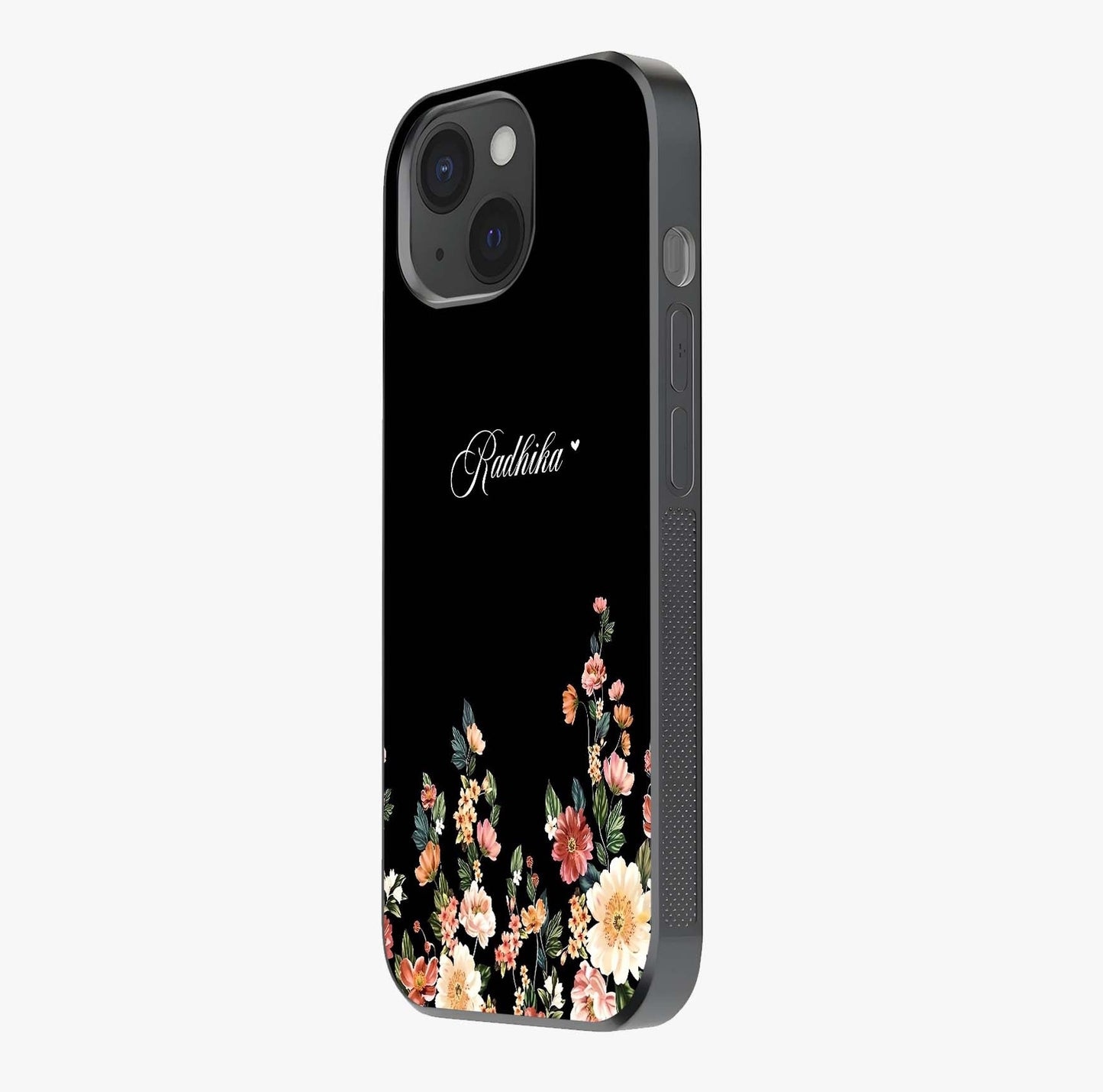Floral Design With A Custom Personalized Name Glass Case photographed in natural light showing reflective finish and design depth.