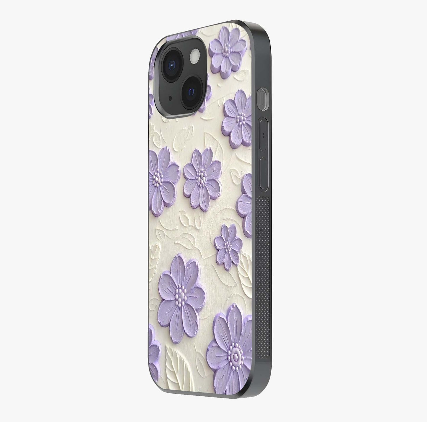 Floral Wall Art With Purple Flowers Glass Case photographed in natural light showing reflective finish and design depth.