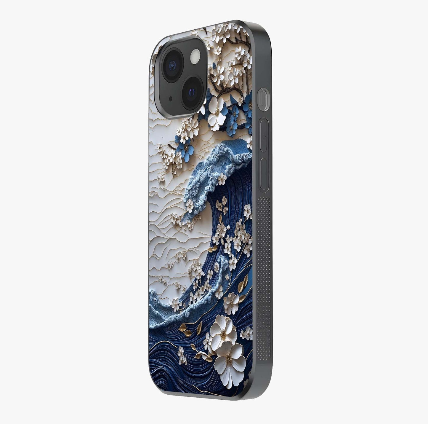 Floral Wave Origami Glass Case photographed in natural light showing reflective finish and design depth.