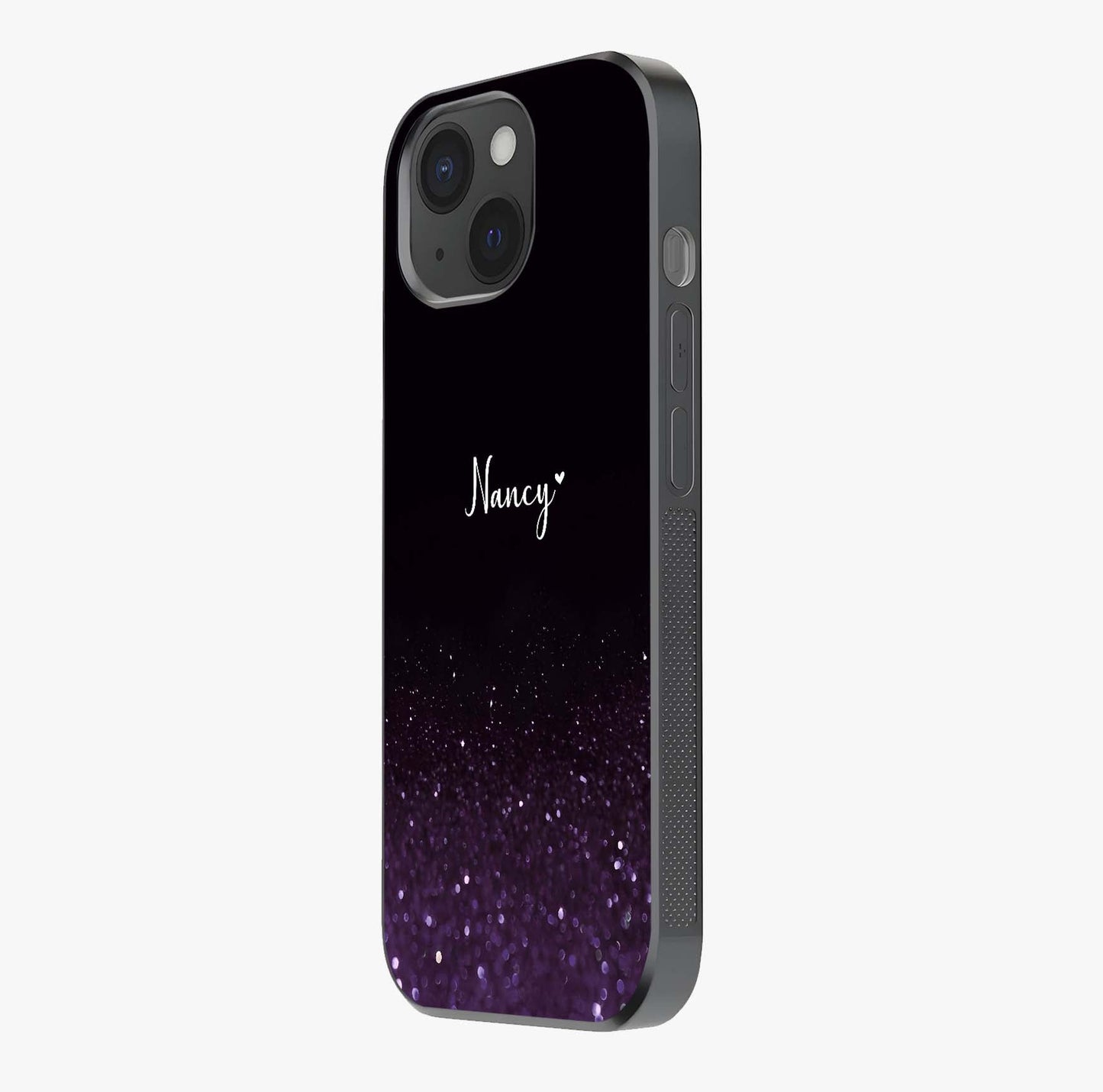 Glittery Purple Bokeh Custom Name Glass Case photographed in natural light showing reflective finish and design depth.