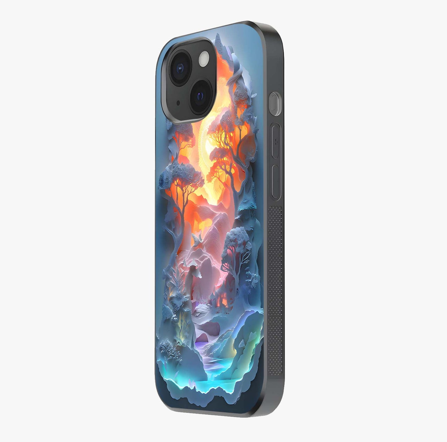 Glow Forest Portal Glass Case photographed in natural light showing reflective finish and design depth.