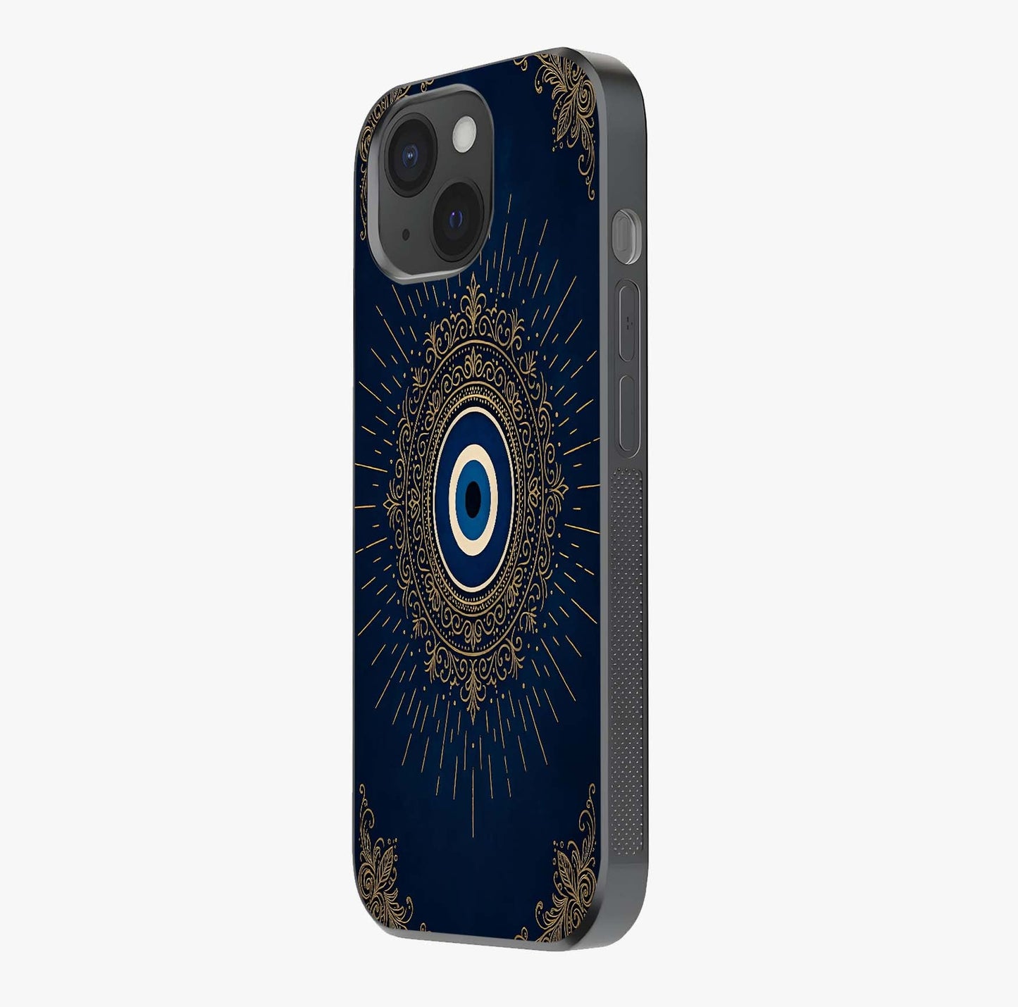 Golden Evil Eye Mandala Glass Case photographed in natural light showing reflective finish and design depth.