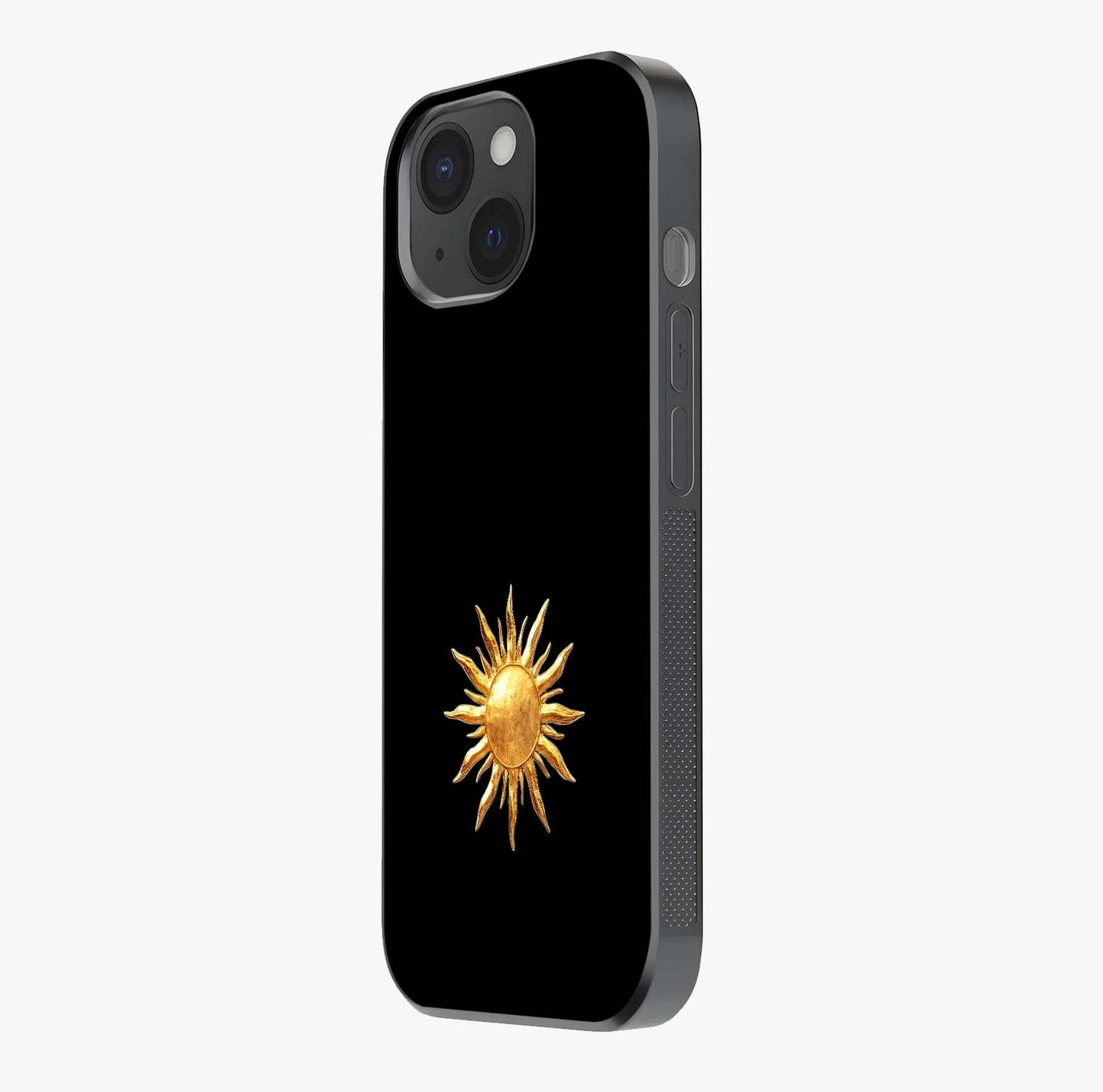 Golden Sun Minimalism Glass Case photographed in natural light showing reflective finish and design depth.