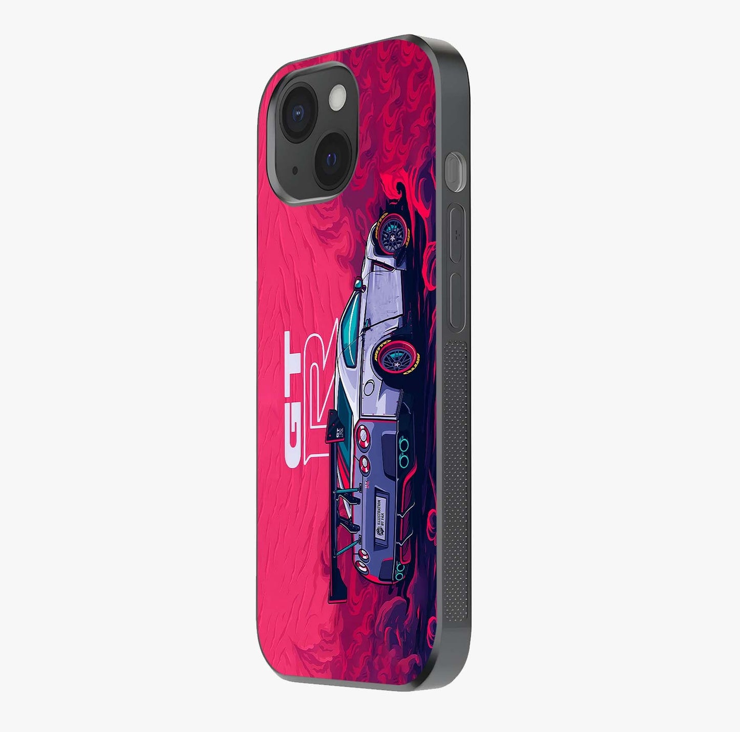 GT R Car Pattern Glass Case photographed in natural light showing reflective finish and design depth.