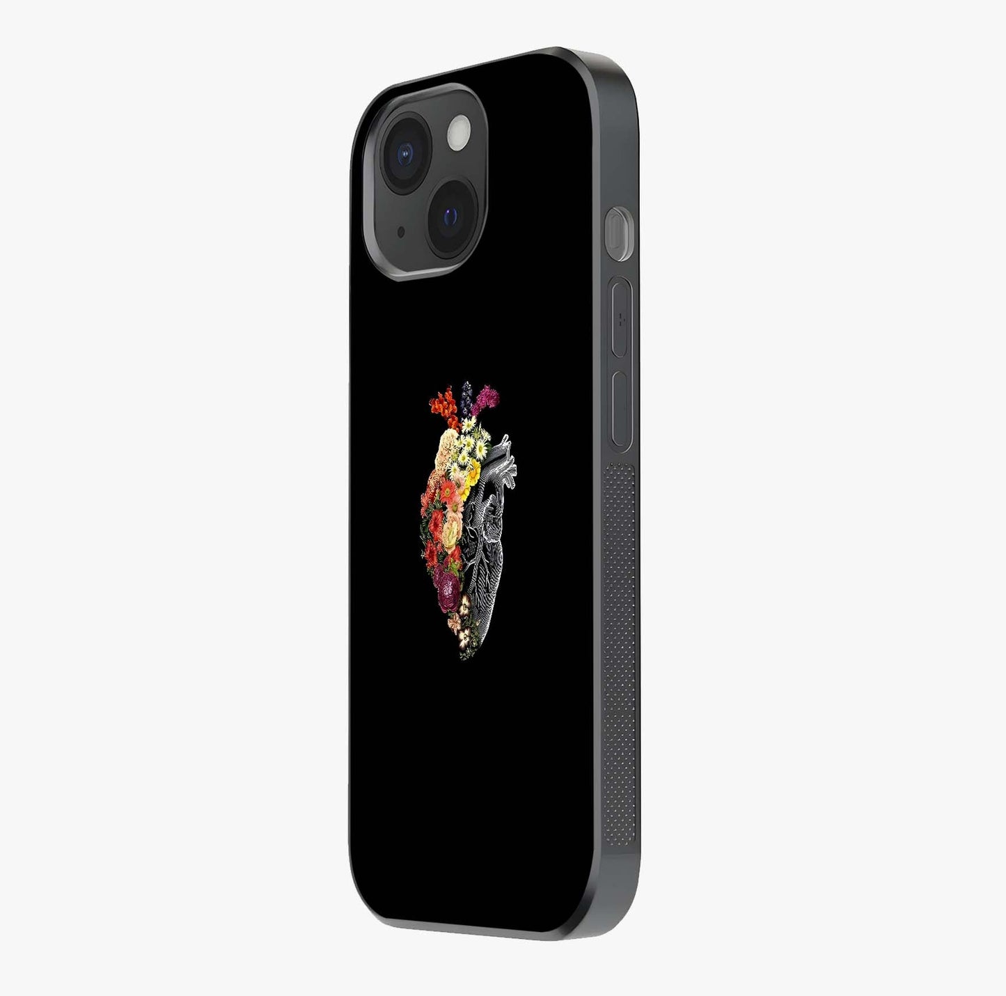 Heart With Flowers Glass Case photographed in natural light showing reflective finish and design depth.