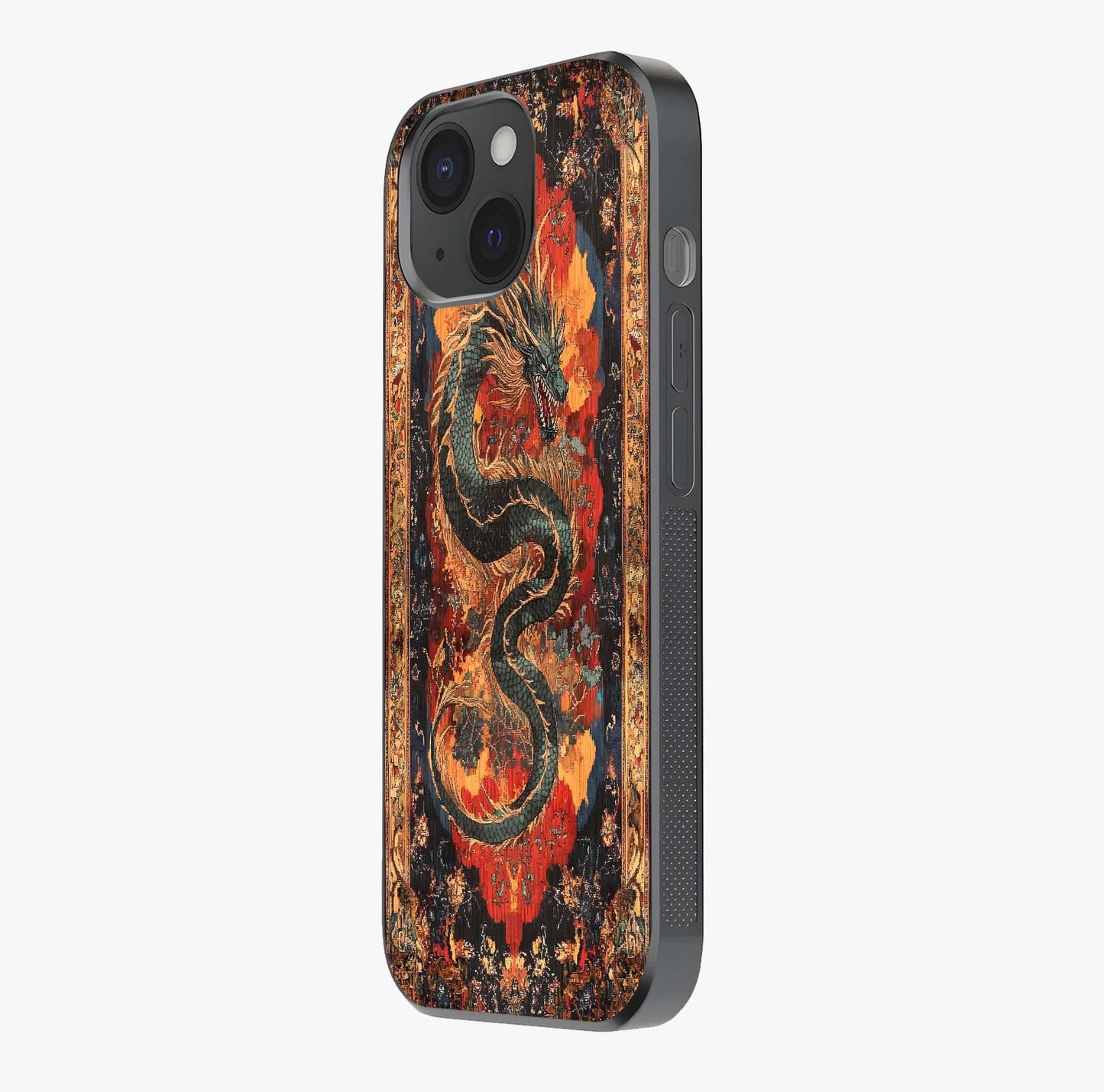Inferno Dragon Soul Glass Case photographed in natural light showing reflective finish and design depth.