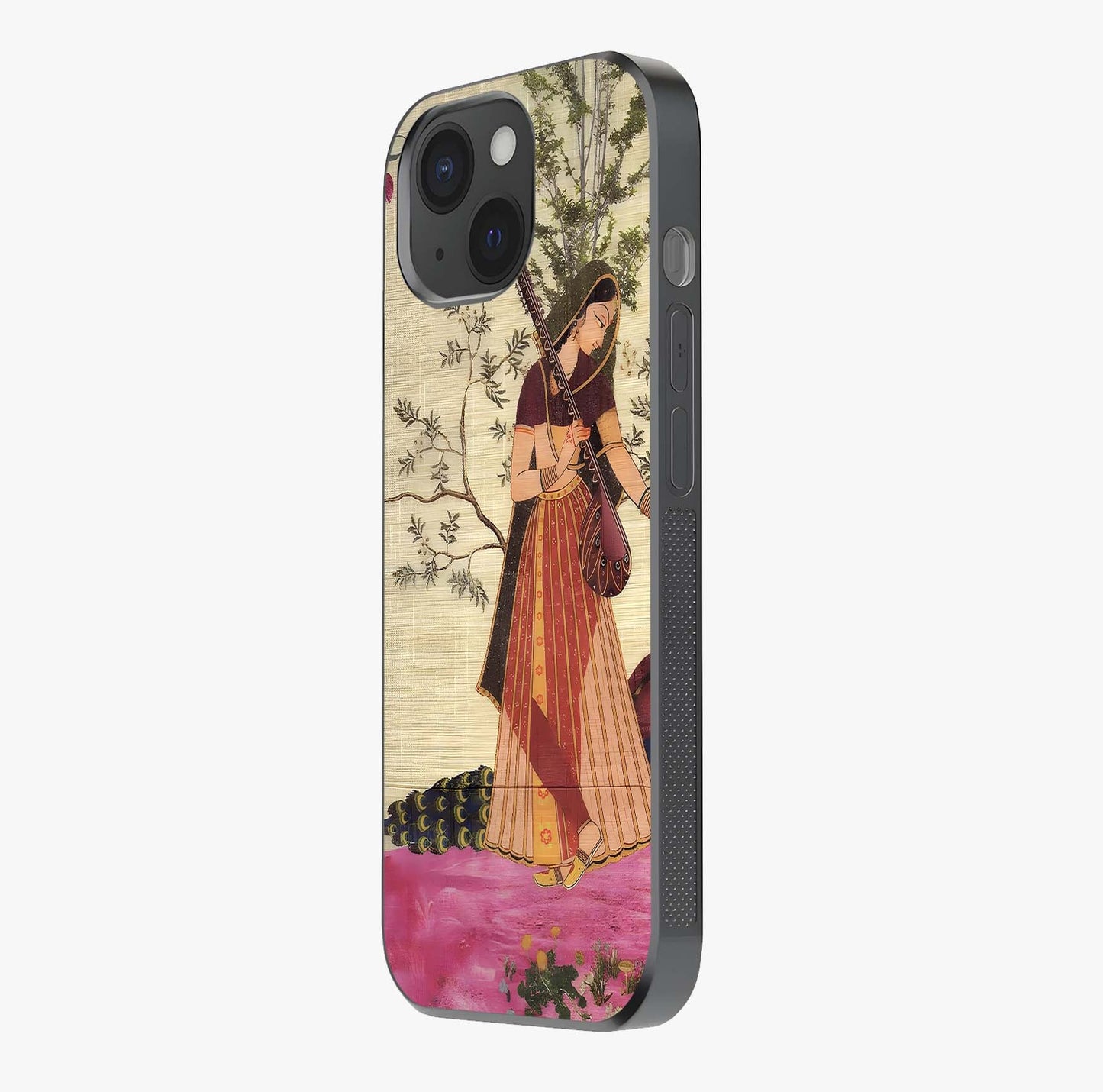 Lady With Veena Art Glass Case photographed in natural light showing reflective finish and design depth.