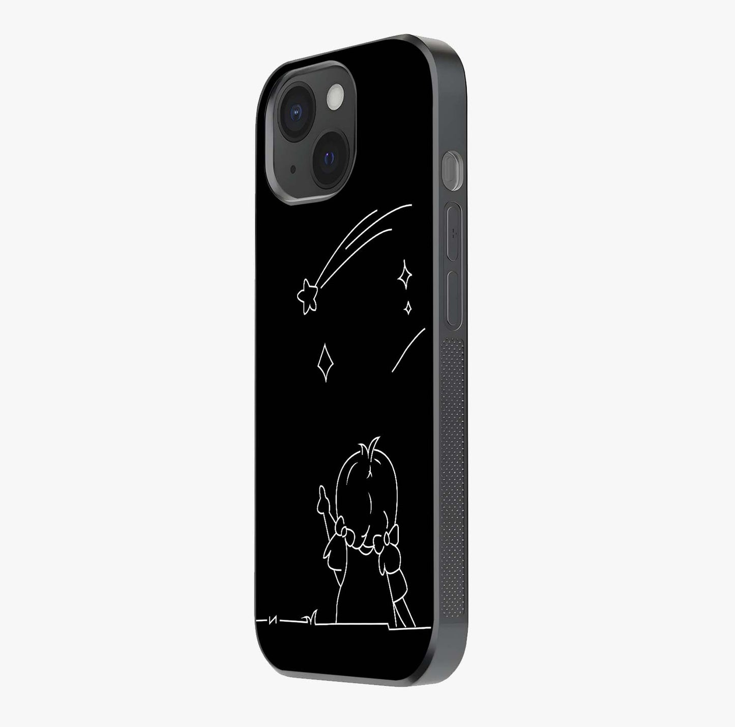 Line Art Girl With Shooting Stars Glass Case photographed in natural light showing reflective finish and design depth.