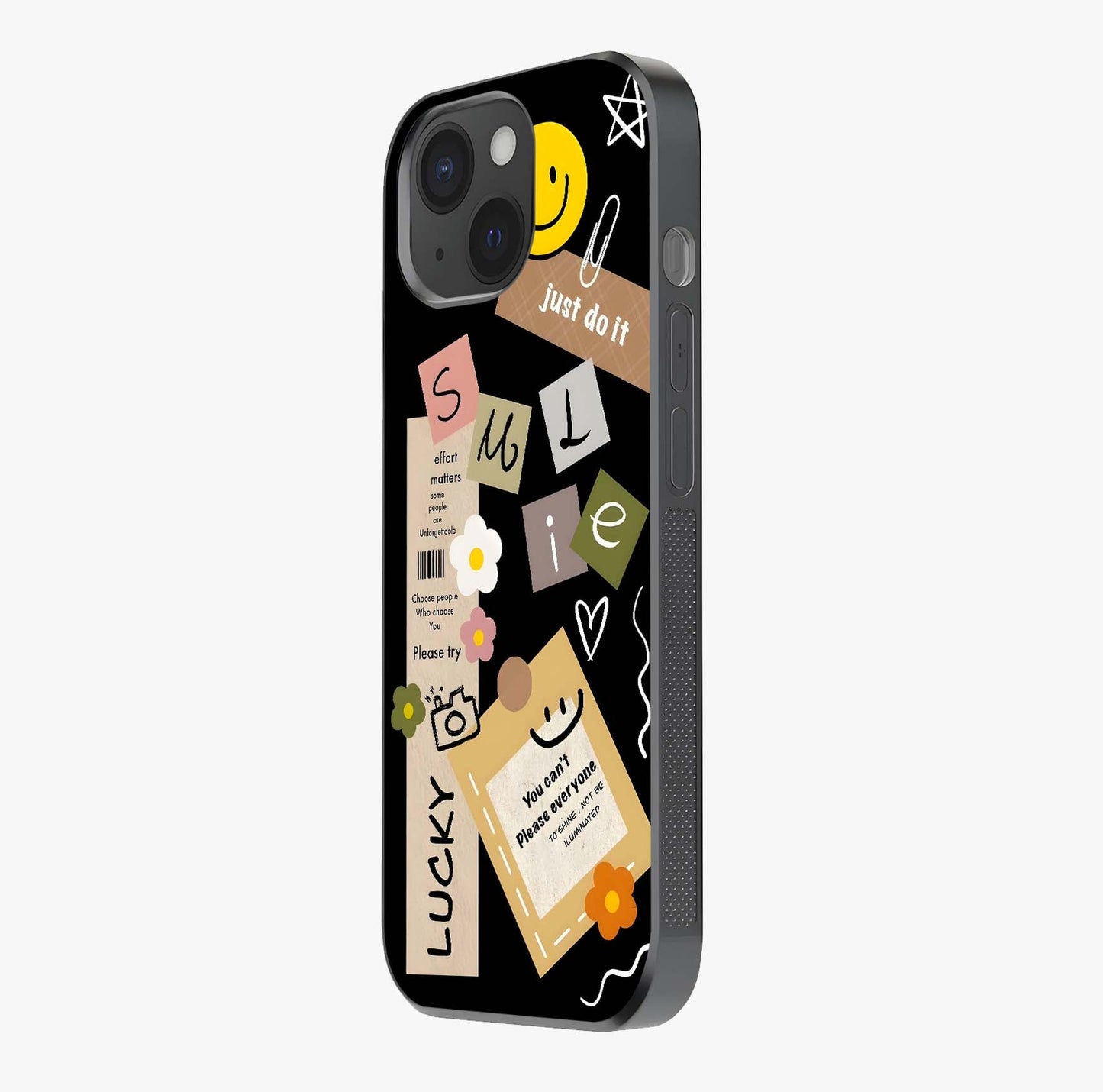 Lucky Aesthetic Collage Glass Case photographed in natural light showing reflective finish and design depth.