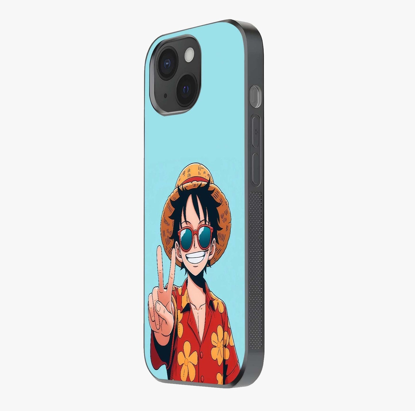 Luffy Summer Anime Vibe Glass Case photographed in natural light showing reflective finish and design depth.