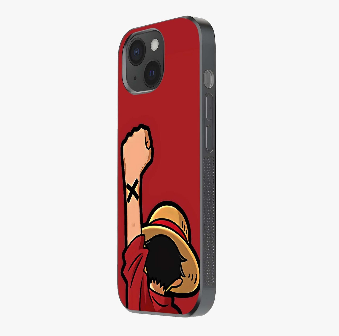 Luffy X Spirit Glass Case photographed in natural light showing reflective finish and design depth.