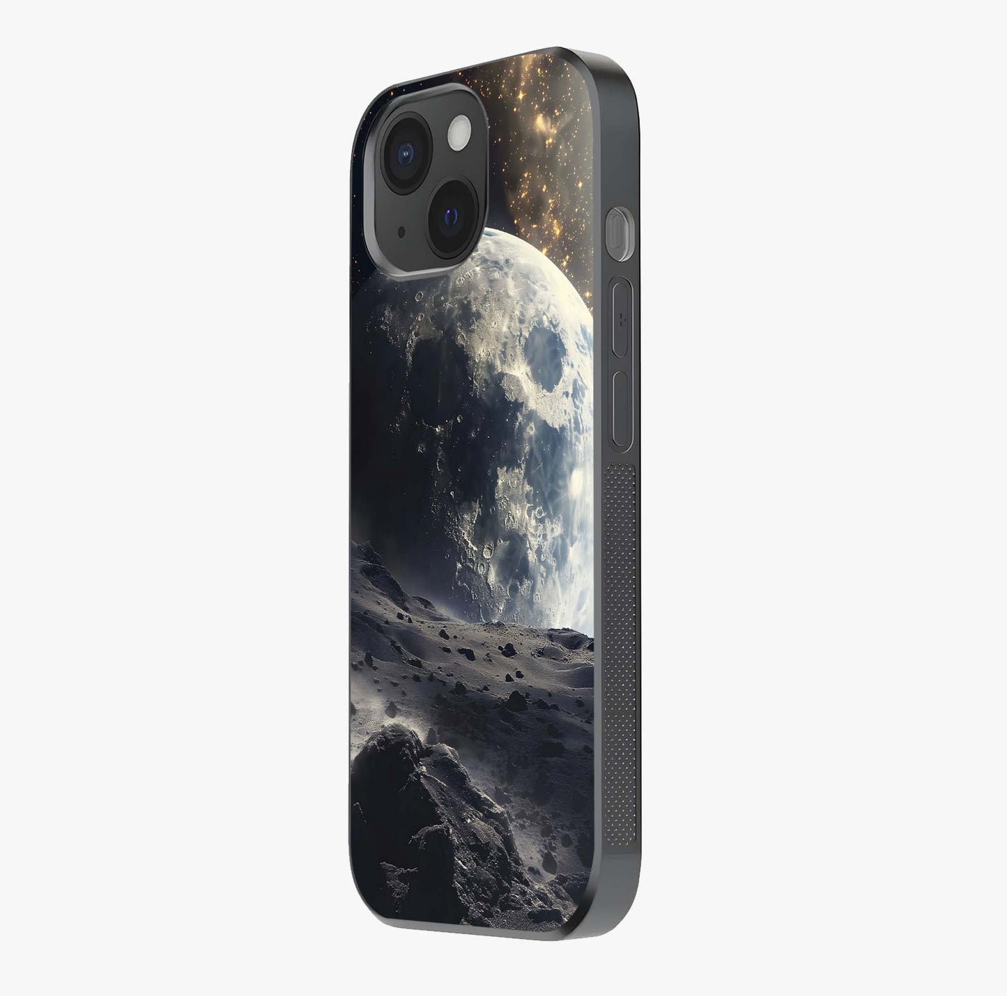 Lunar Horizon Glow Glass Case photographed in natural light showing reflective finish and design depth.