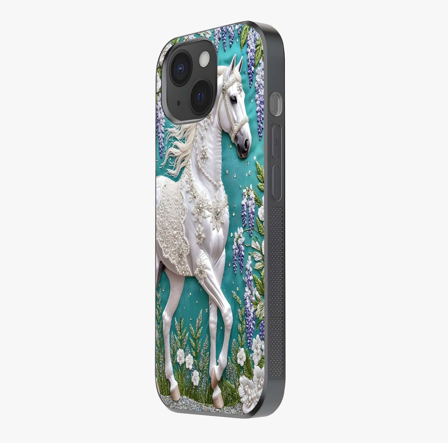 Majestic Floral Stallion Glass Case photographed in natural light showing reflective finish and design depth.