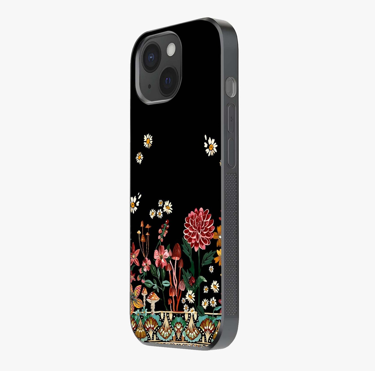 Midnight Bloom Pattern Glass Case photographed in natural light showing reflective finish and design depth.