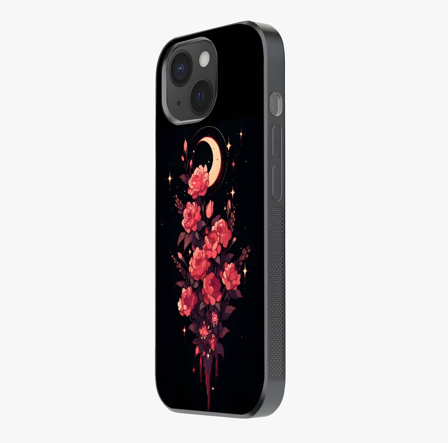 Moonlit Floral Elegance Glass Case photographed in natural light showing reflective finish and design depth.