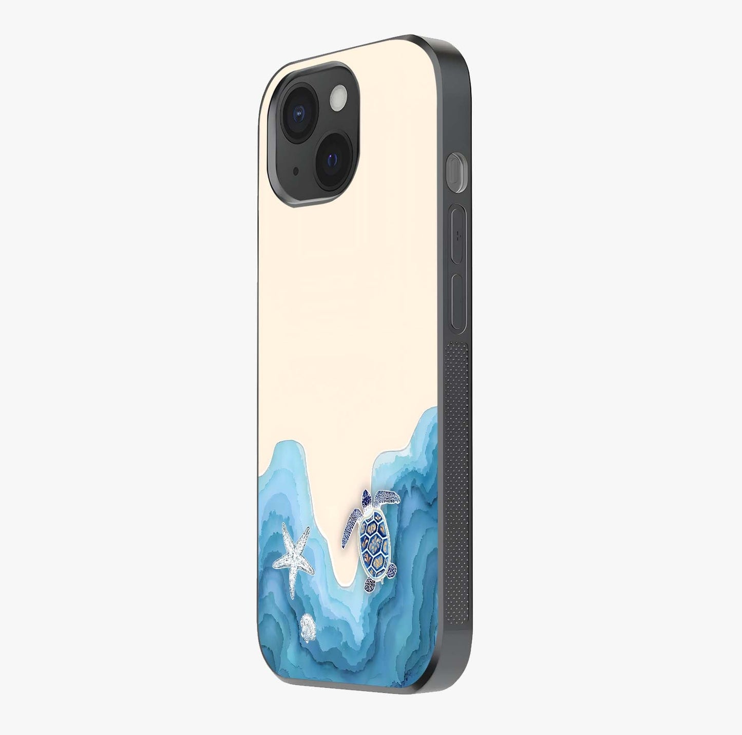 Ocean Drift Turtle Glass Case photographed in natural light showing reflective finish and design depth.