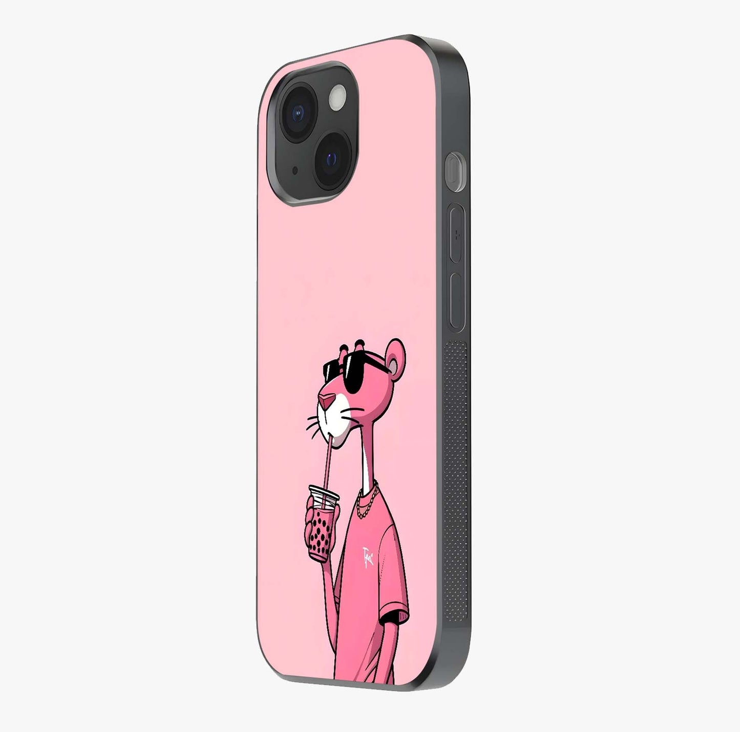 Pink Panther Glass Case photographed in natural light showing reflective finish and design depth.