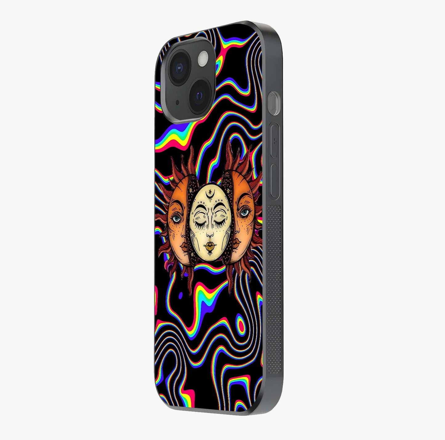 Psychedelic Sun Glass Case photographed in natural light showing reflective finish and design depth.