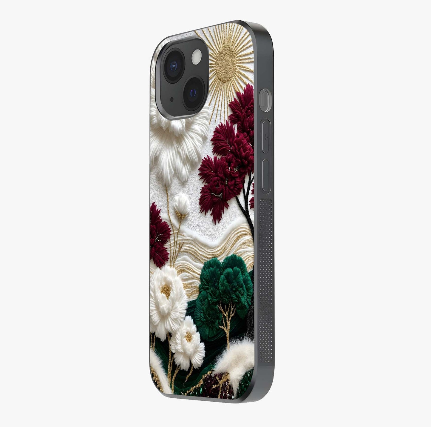 Radiant Bloom Elegance Glass Case photographed in natural light showing reflective finish and design depth.