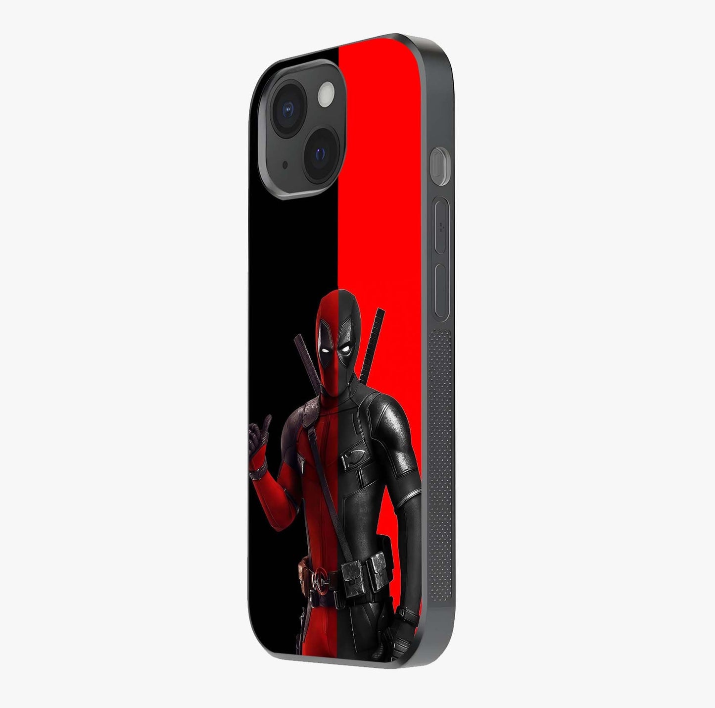 Red & Black Deadpool Theme Glass Case photographed in natural light showing reflective finish and design depth.