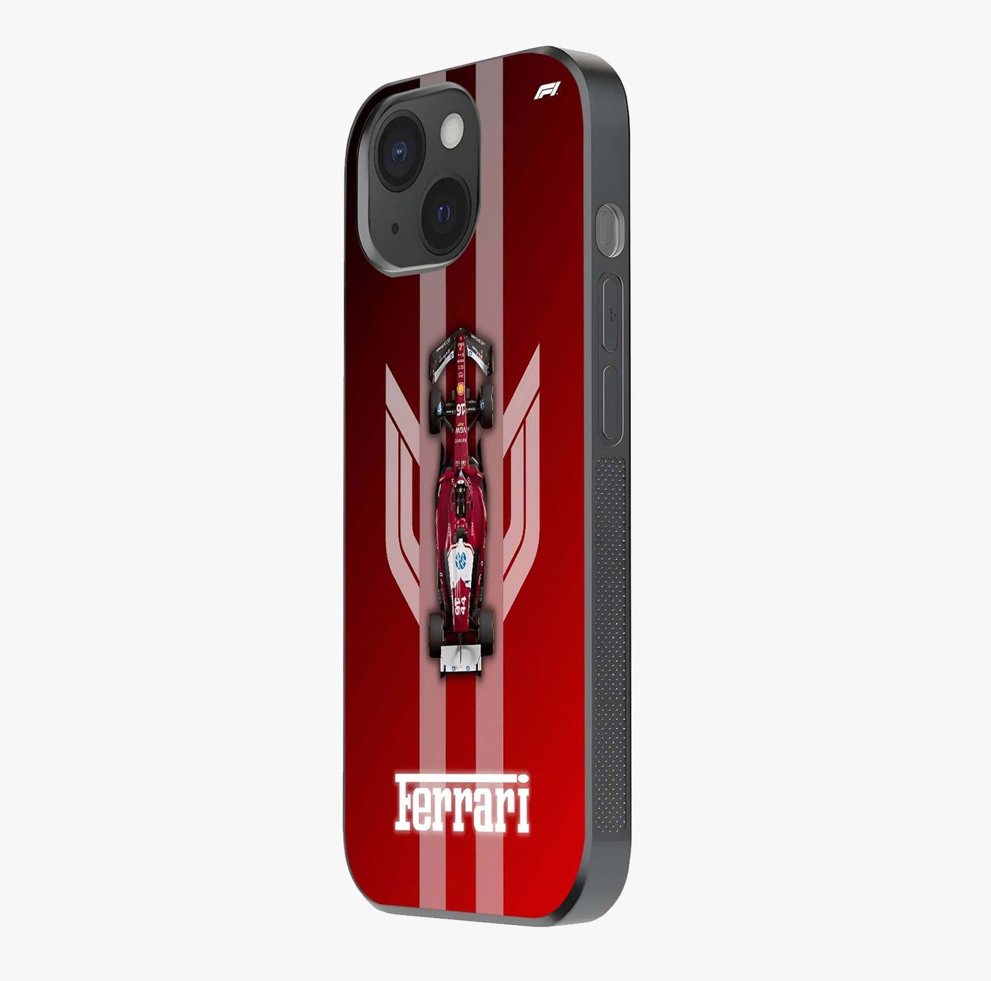 Red Ferrari F1 Vertical Glass Case photographed in natural light showing reflective finish and design depth.