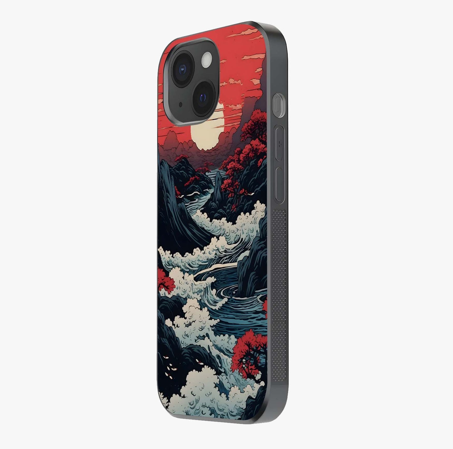 Red Sunset Scenery Glass Case photographed in natural light showing reflective finish and design depth.