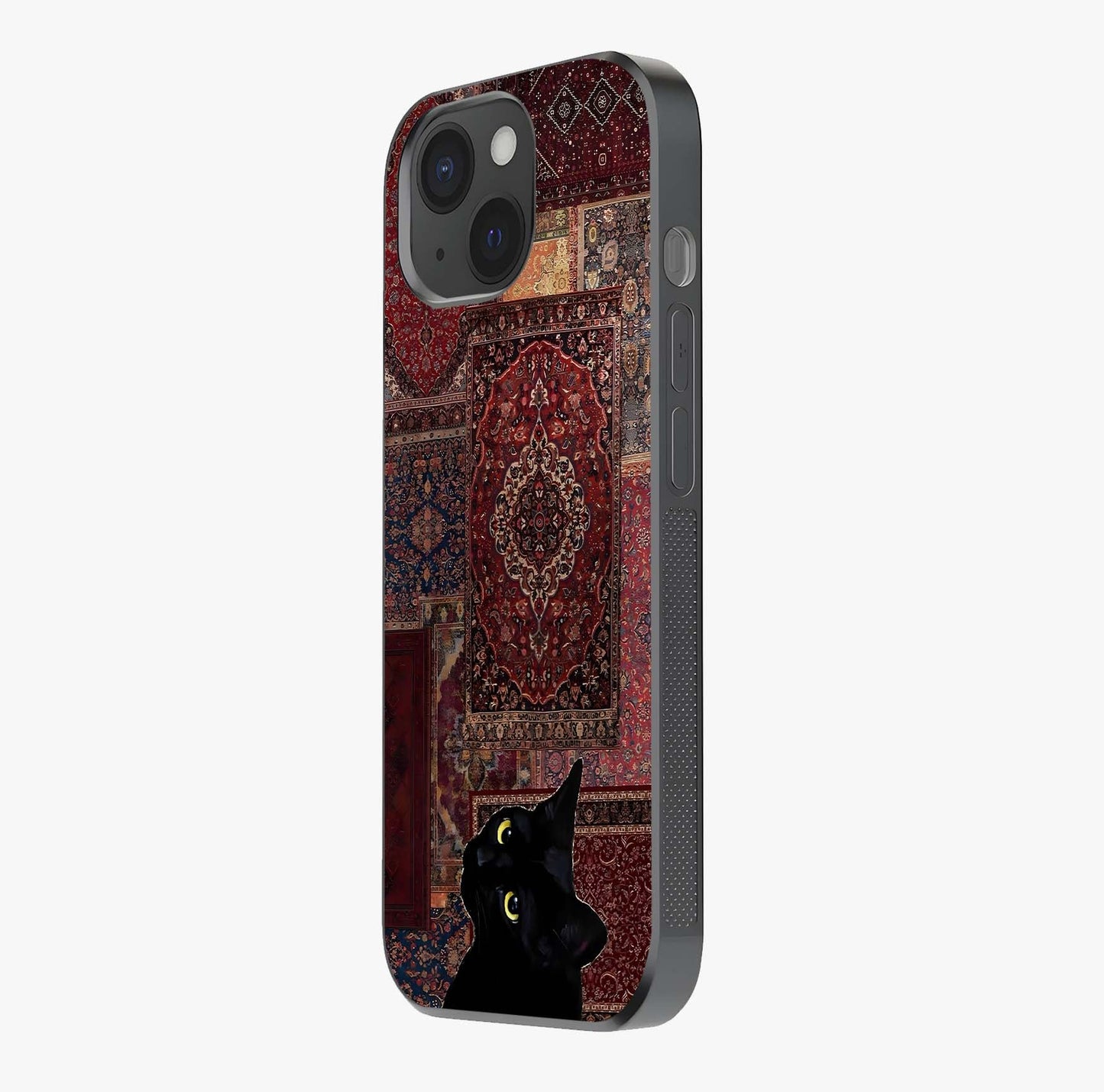 Regal Magic Cat Apple Glass Case photographed in natural light showing reflective finish and design depth.