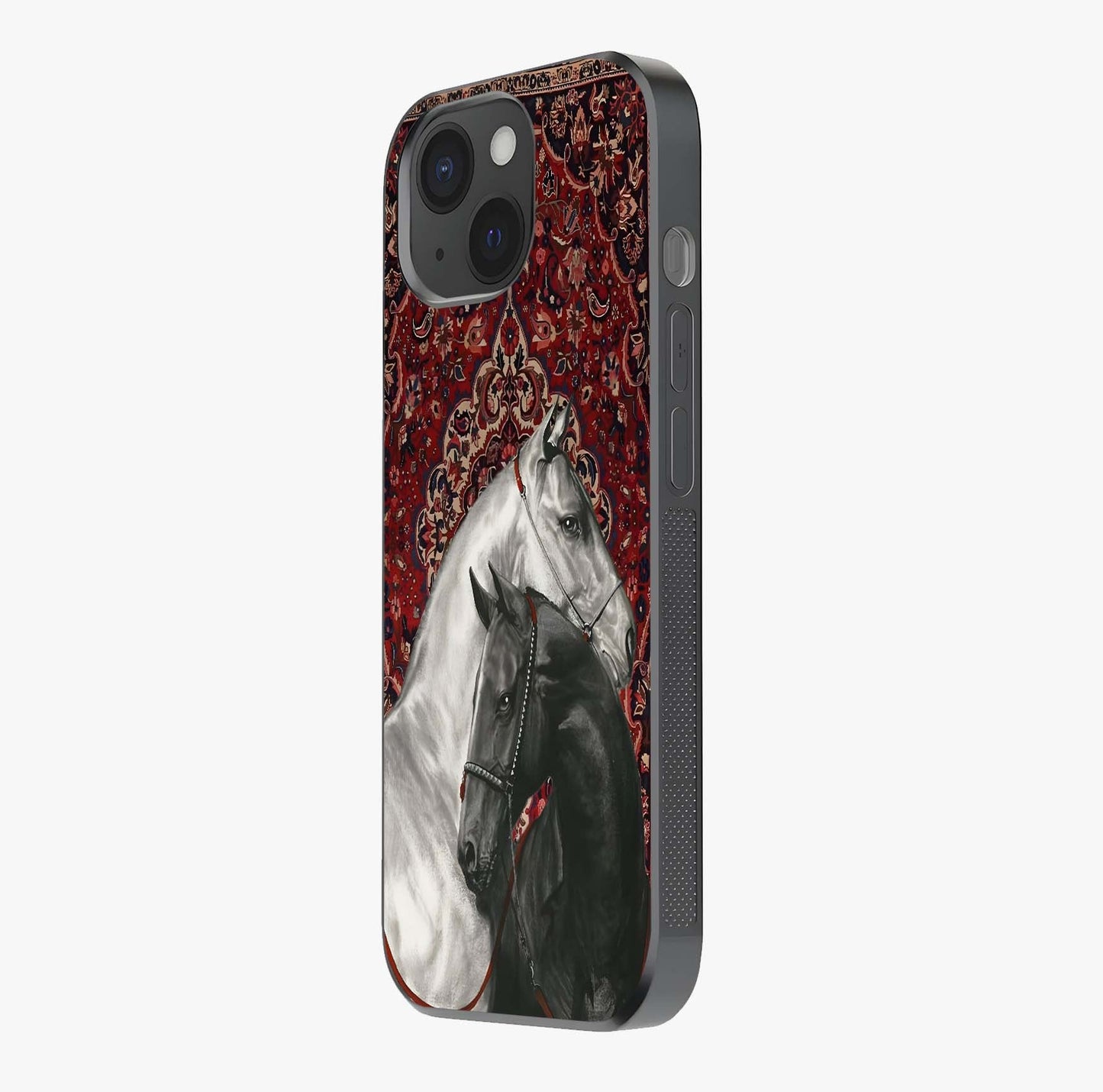Regal Stallion Tapestry Glass Case photographed in natural light showing reflective finish and design depth.