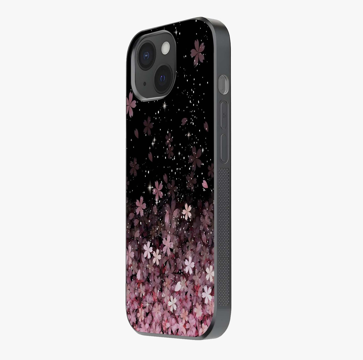 Small Starry Flowers Glass Case photographed in natural light showing reflective finish and design depth.
