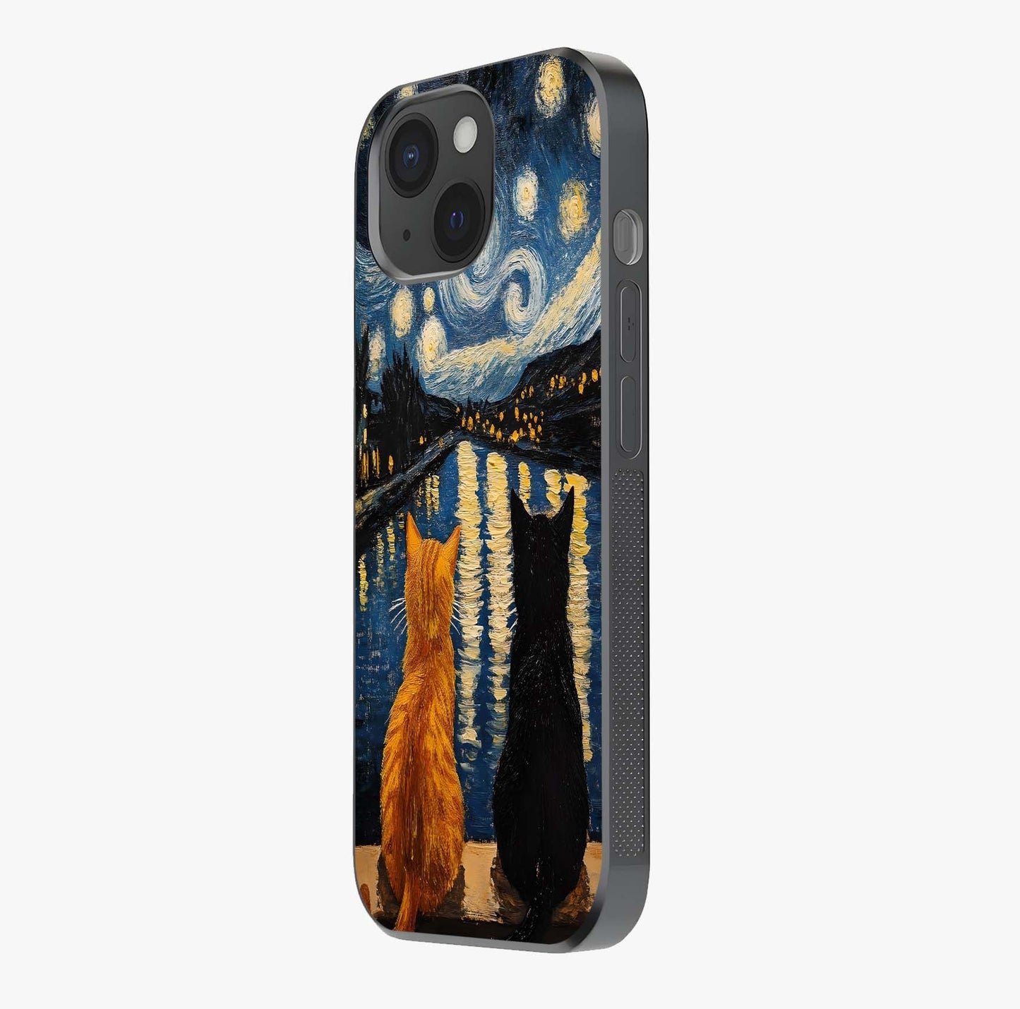 Starry River Cats Glass Case photographed in natural light showing reflective finish and design depth.