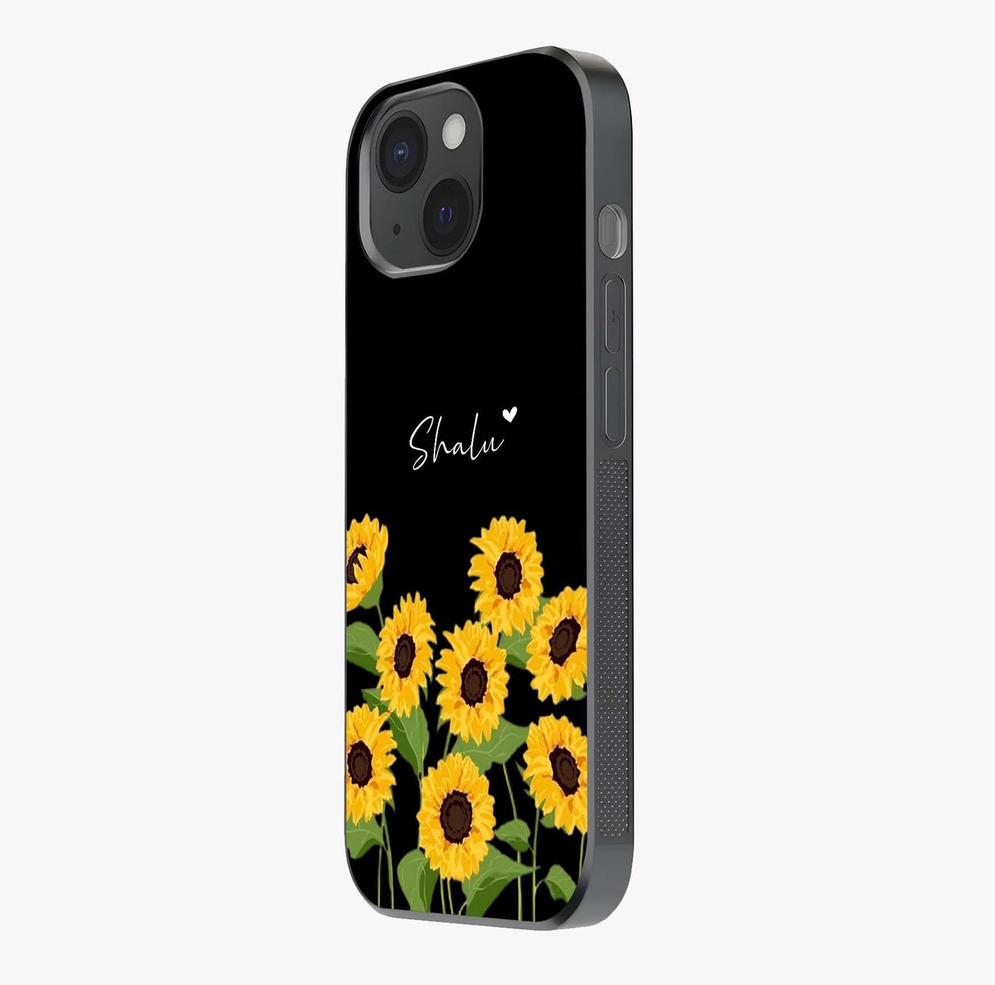 Sunflower Chic Mood Custom Name Glass Case photographed in natural light showing reflective finish and design depth.