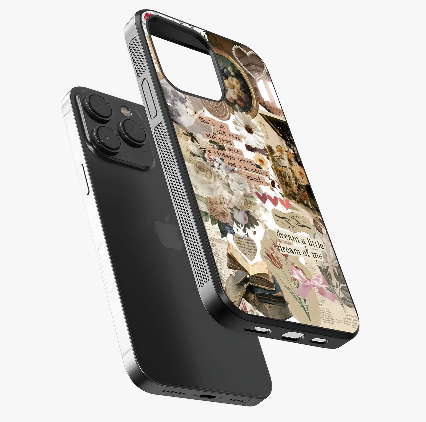 Aesthetic Brown Vintage Collage Glass Case photographed in natural light showing reflective finish and design depth.