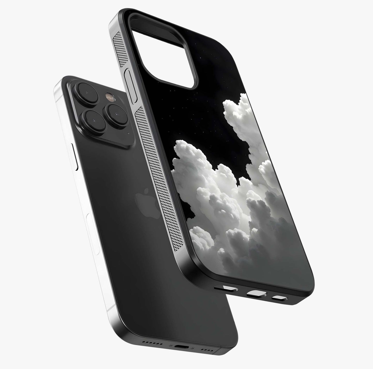 Black Background With White Cloud Glass Case photographed in natural light showing reflective finish and design depth.