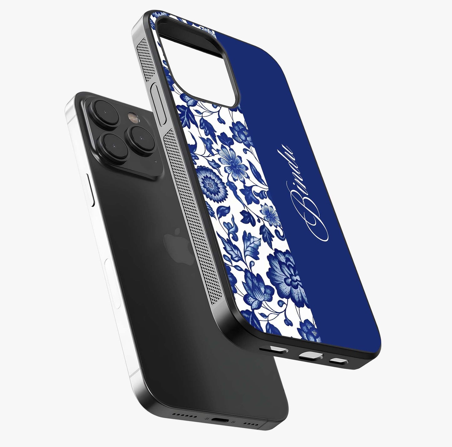 Blue Vintage Floral Pattern Glass Case photographed in natural light showing reflective finish and design depth.