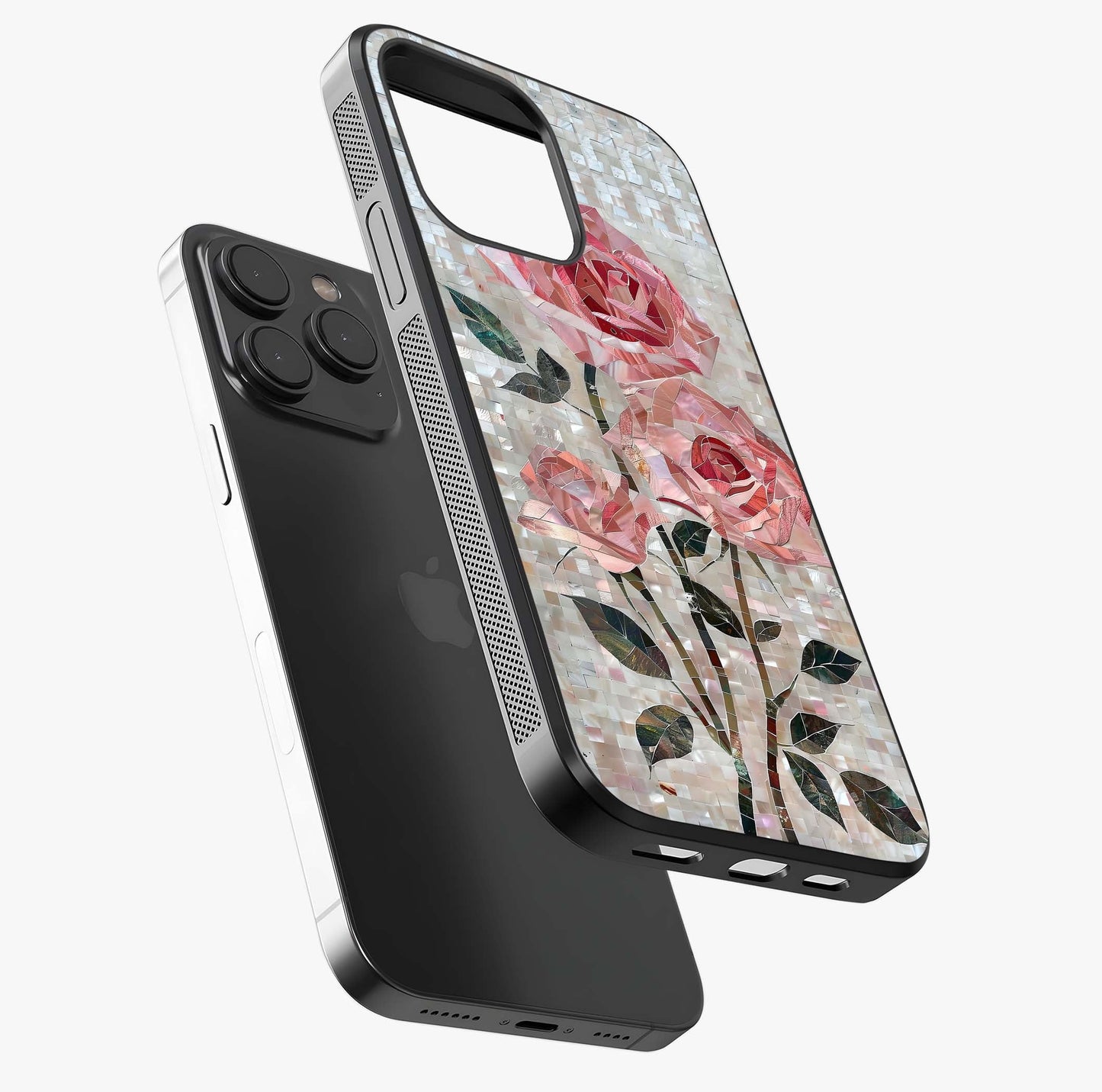 Blush Mosaic Bloom Glass Case photographed in natural light showing reflective finish and design depth.