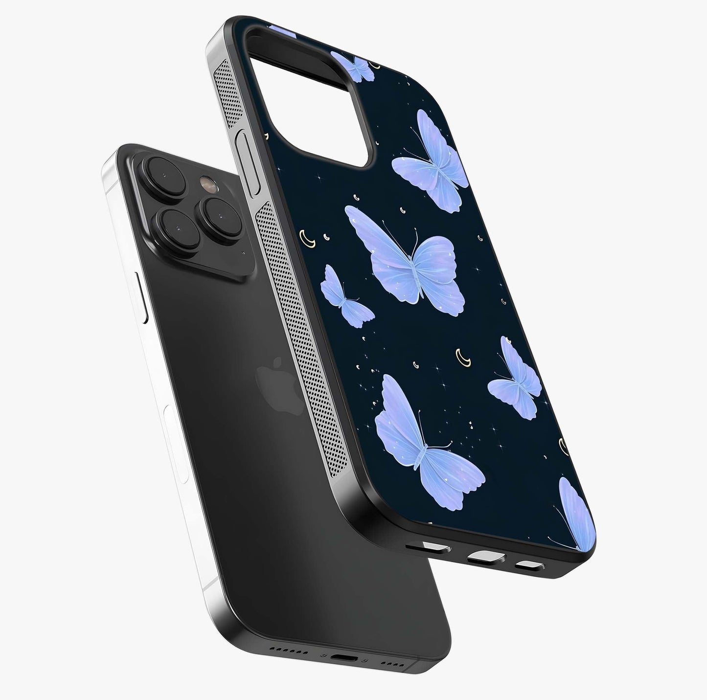 Butterfly With Stars Pattern Glass Case photographed in natural light showing reflective finish and design depth.