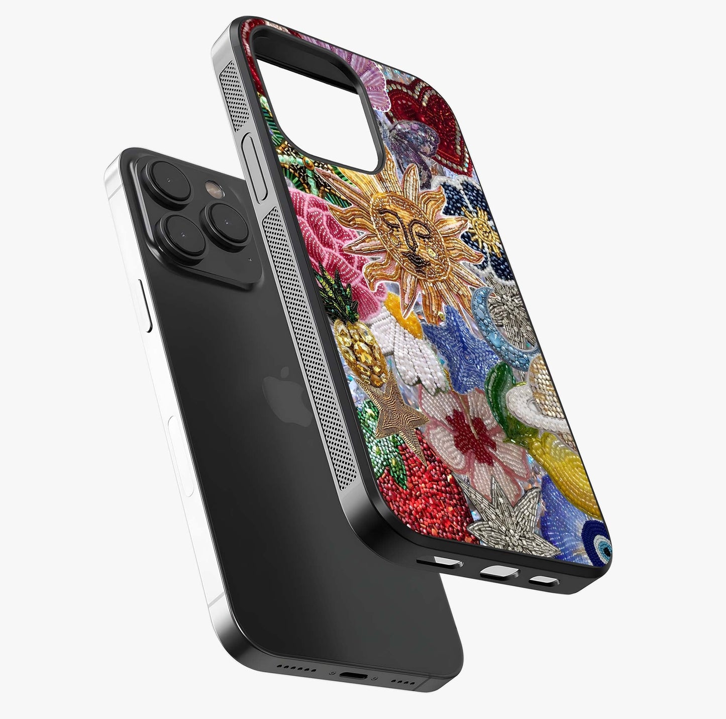 Celestial Floral And Playful Glass Case photographed in natural light showing reflective finish and design depth.