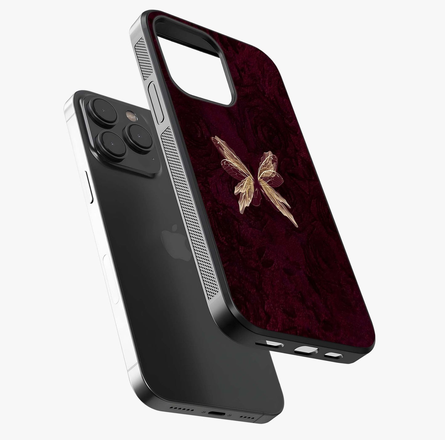 Crimson Fade Butterfly Glass Case photographed in natural light showing reflective finish and design depth.