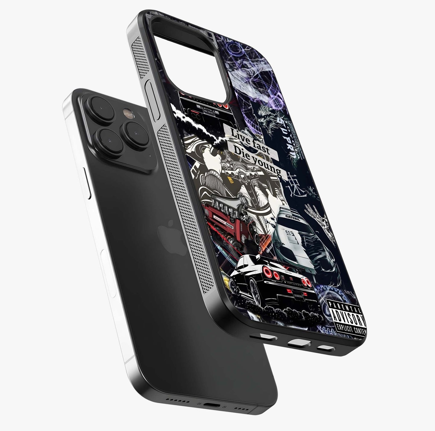 Die Young Glass Case photographed in natural light showing reflective finish and design depth.