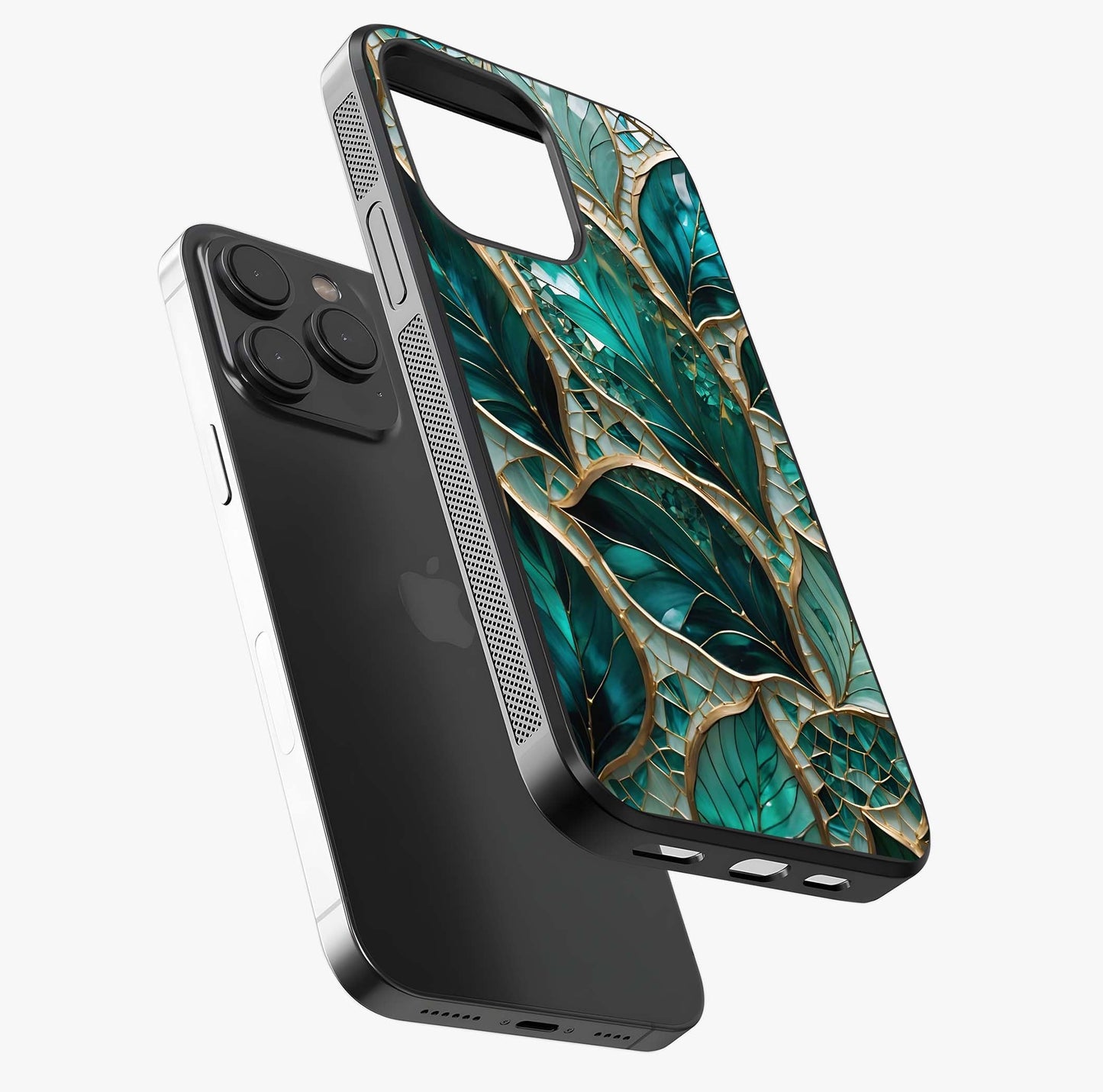 Emerald Leaf Glass Glass Case photographed in natural light showing reflective finish and design depth.