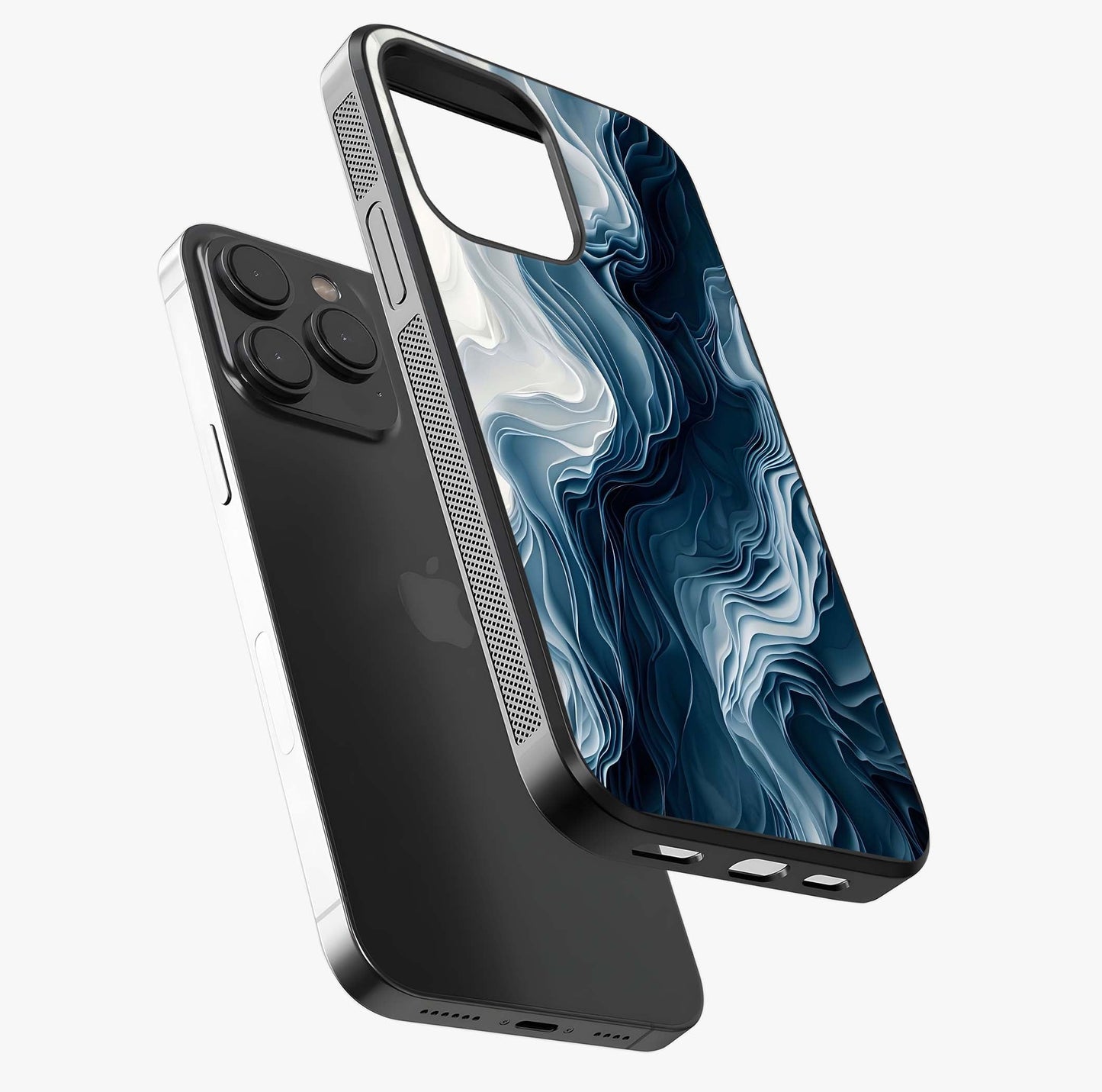 Ethereal Paper Marble Glass Case photographed in natural light showing reflective finish and design depth.