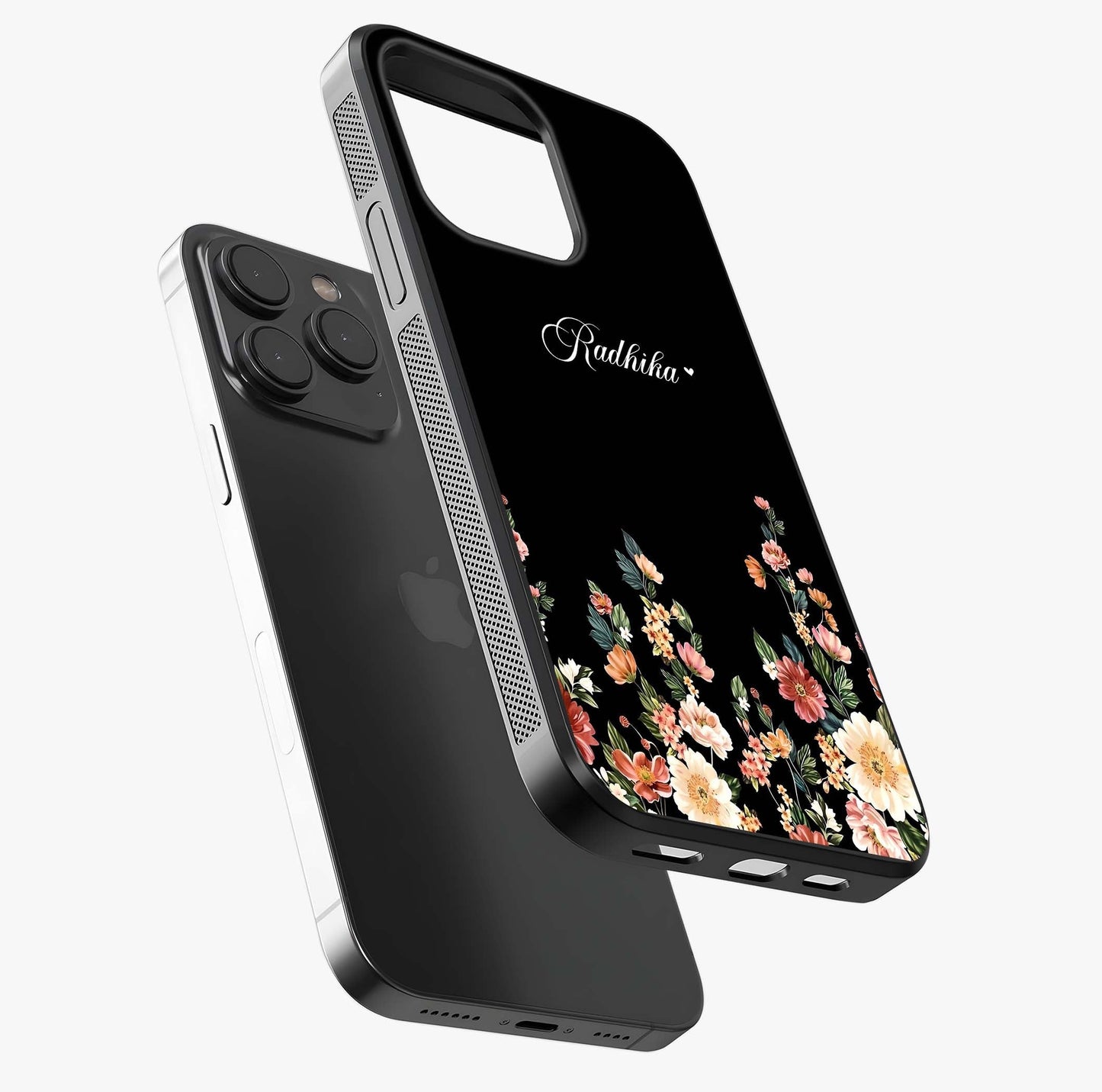 Floral Design With A Custom Personalized Name Glass Case photographed in natural light showing reflective finish and design depth.