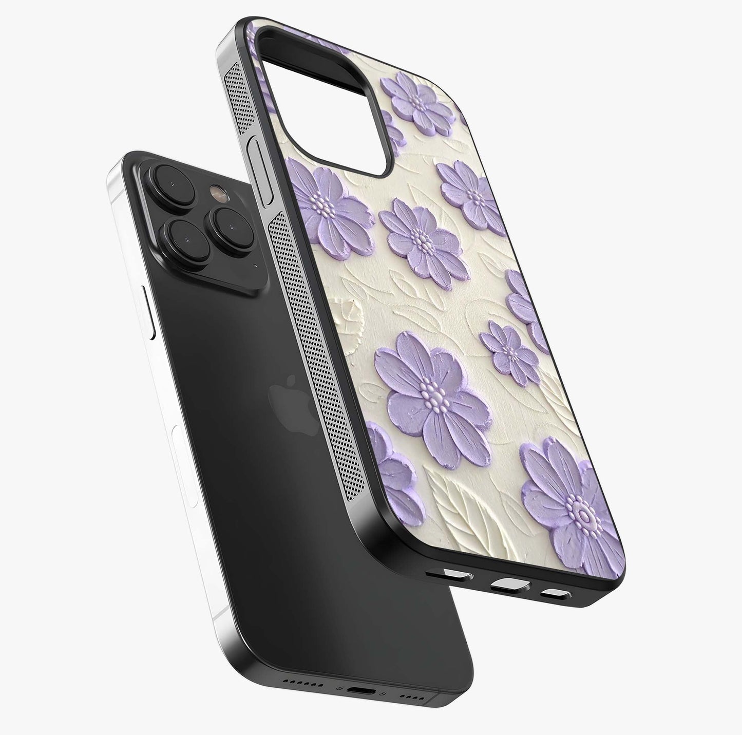 Floral Wall Art With Purple Flowers Glass Case photographed in natural light showing reflective finish and design depth.