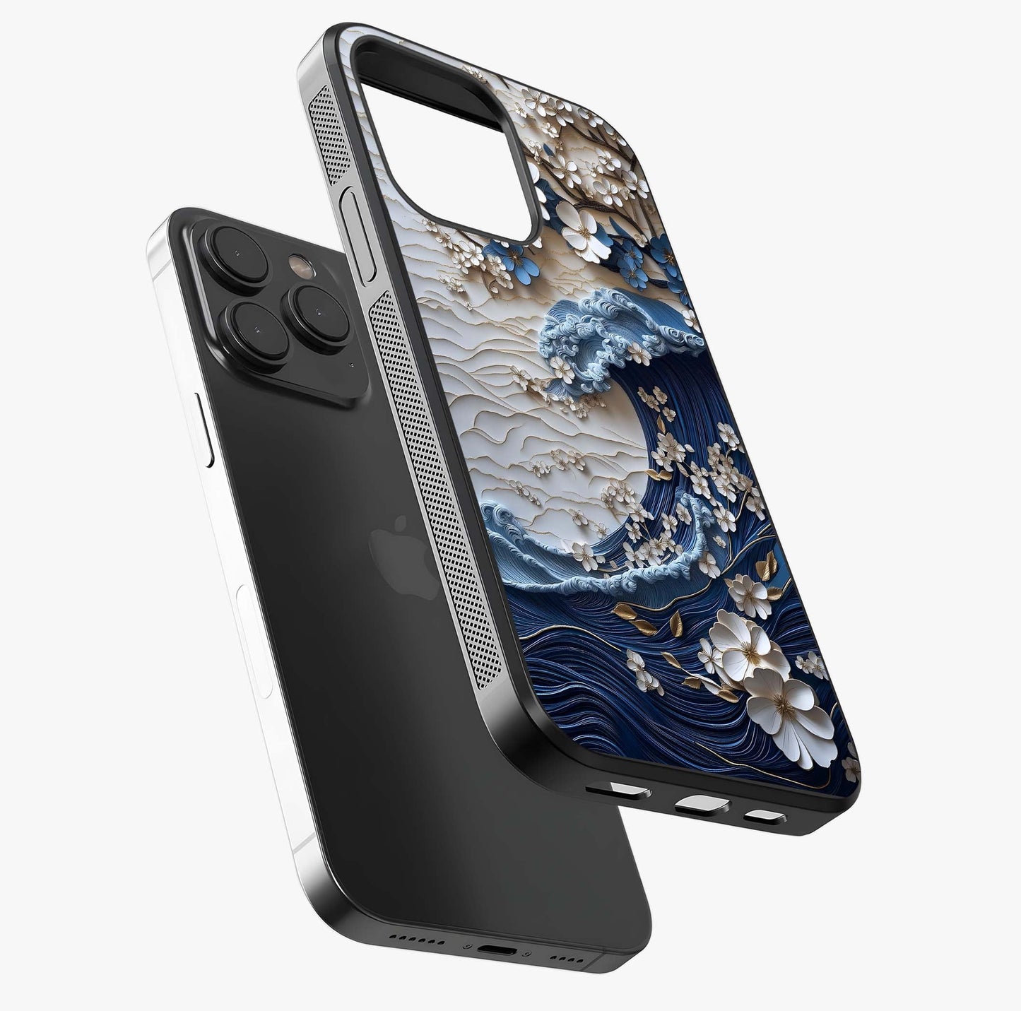 Floral Wave Origami Glass Case photographed in natural light showing reflective finish and design depth.