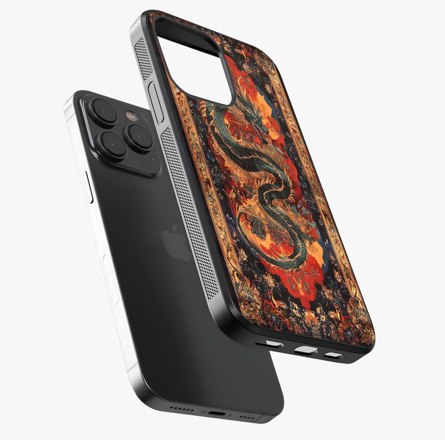 Inferno Dragon Soul Glass Case photographed in natural light showing reflective finish and design depth.