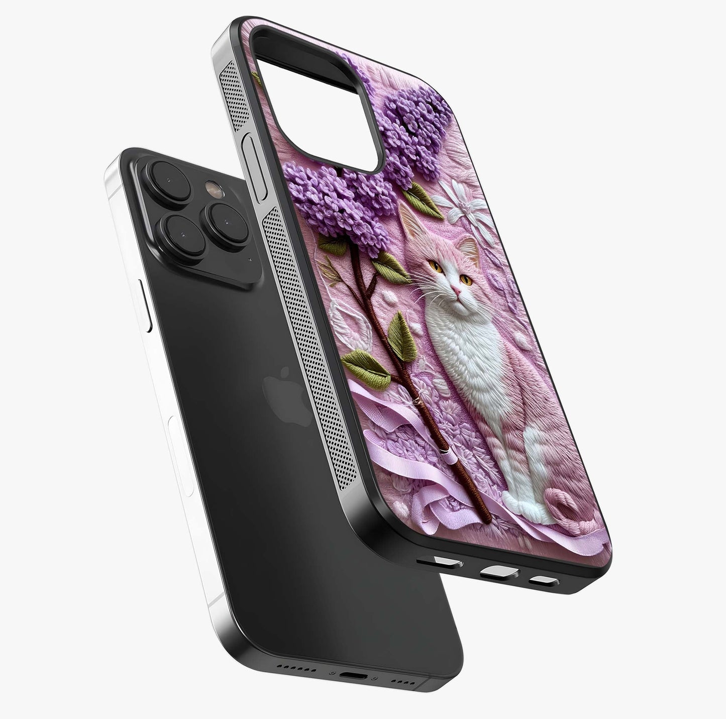 Lavender Cat Whimsy Glass Case photographed in natural light showing reflective finish and design depth.