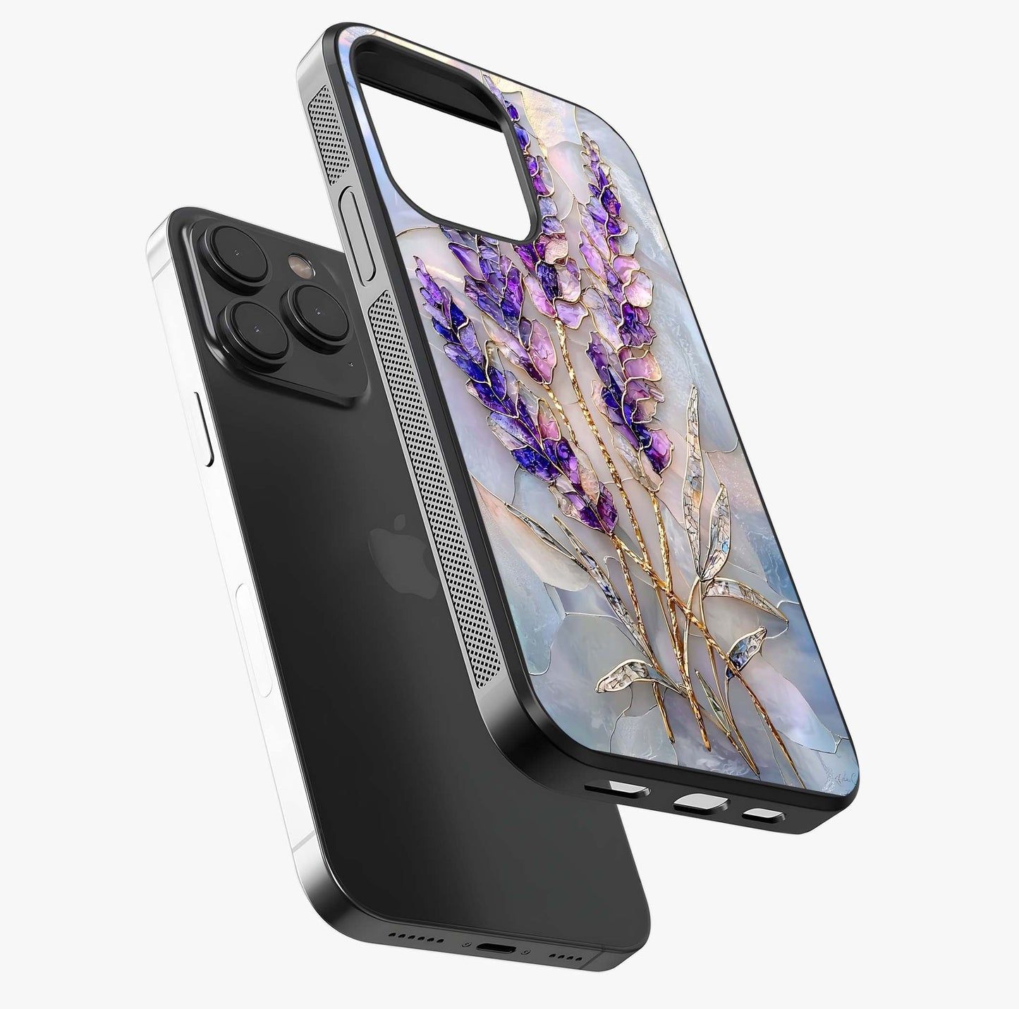 Lavender Dream Glow Glass Case photographed in natural light showing reflective finish and design depth.